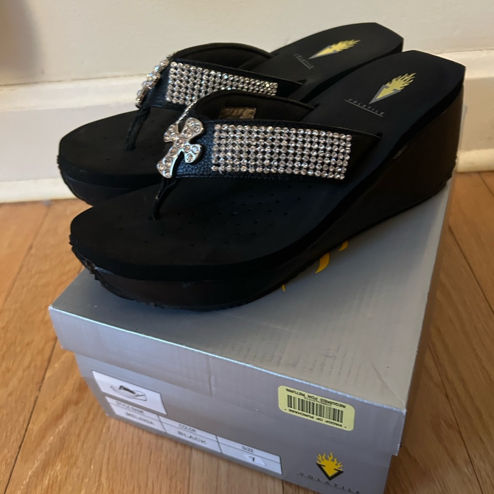 Volatile Black Wedge Sandals with Rhinestone Cross